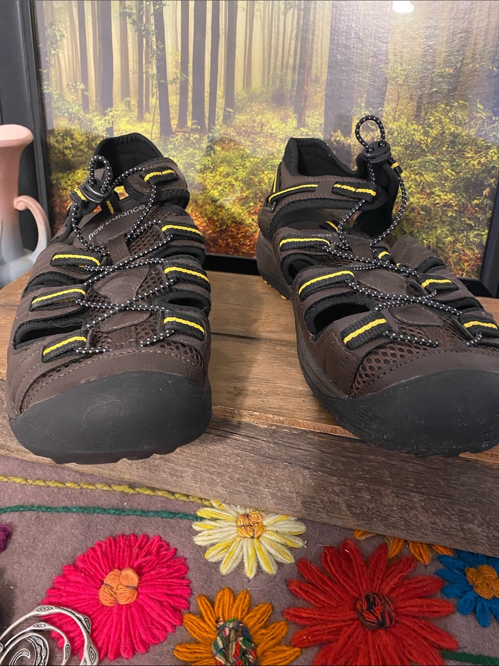 New Balance Men's Brown Sandal with Yellow Accents, minimal wear